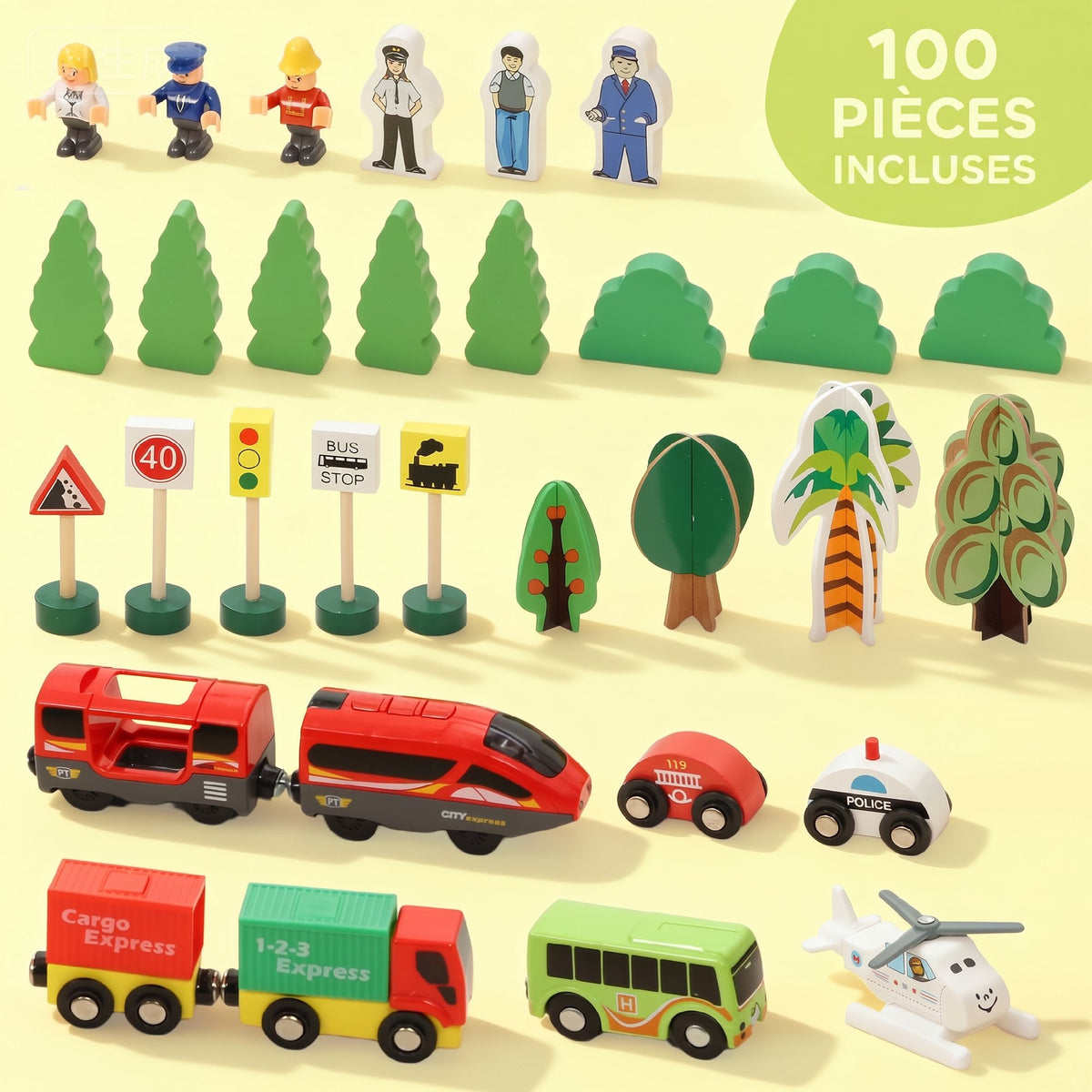 Set de Train en Bois pour Enfants, 100 Pièces, Jouets Ferroviaire Magnétique avec Grue, Pont, Hélicoptère, Multicolore-4
