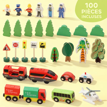 Set de Train en Bois pour Enfants, 100 Pièces, Jouets Ferroviaire Magnétique avec Grue, Pont, Hélicoptère, Multicolore-4