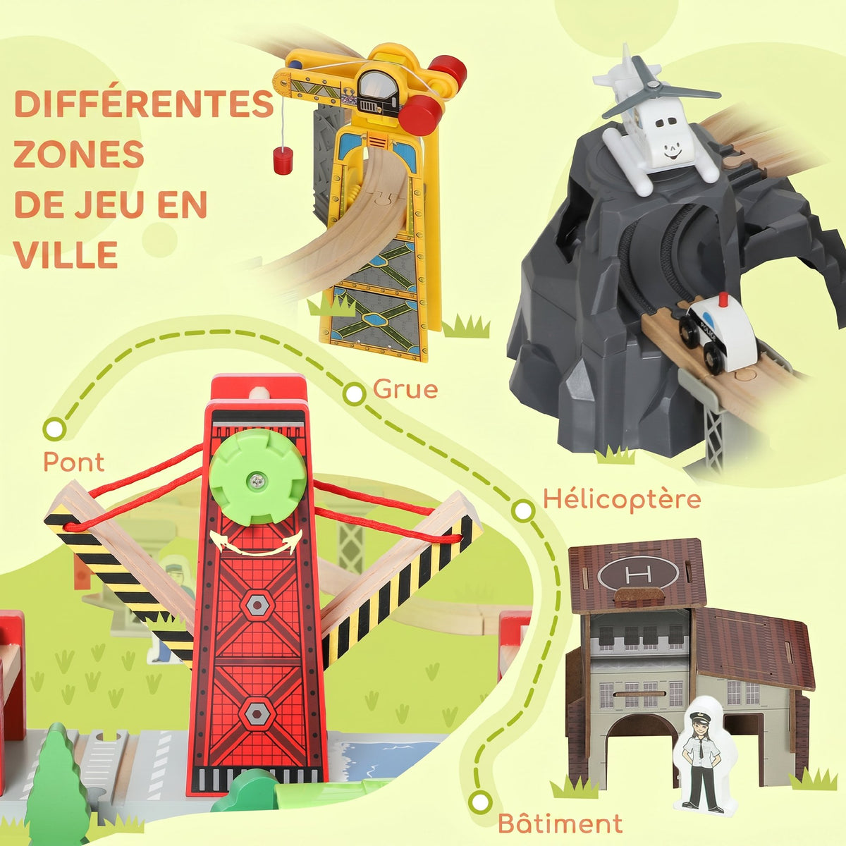 Set de Train en Bois pour Enfants, 100 Pièces, Jouets Ferroviaire Magnétique avec Grue, Pont, Hélicoptère, Multicolore-5