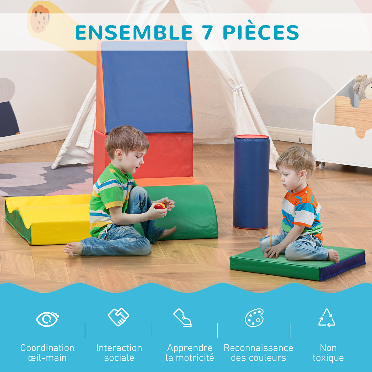 7PCS Module motricité bébé parcours motricité bébé blocs de construction en mousse EPE avec housse en polyuréthane - jouets éducatifs pour enfants d'âge préscolaire, multicolore-3