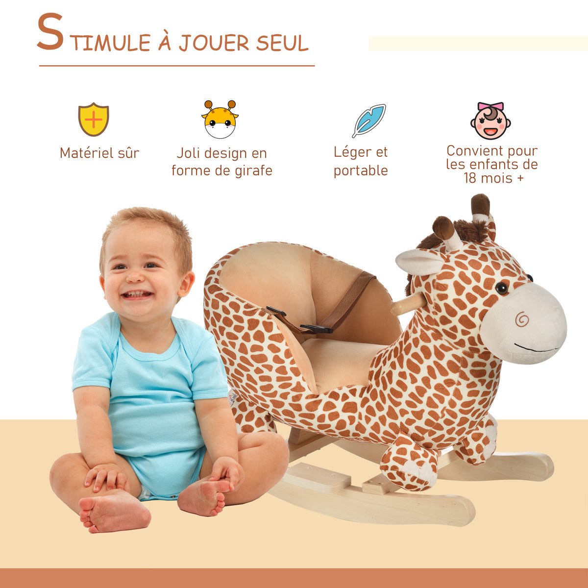 Jouet à Bascule modèle girafon Ceinture de sécurité Fonction Musicale 32 Pistes pour Enfant 18+Mois Marron Beige-3