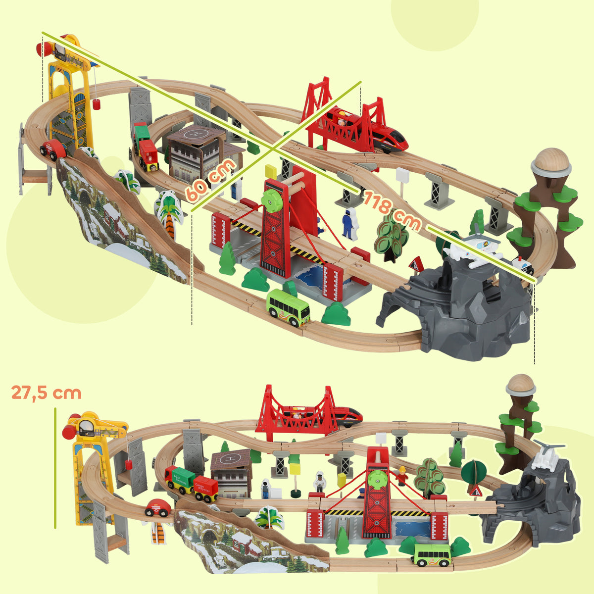 Set de Train en Bois pour Enfants, 100 Pièces, Jouets Ferroviaire Magnétique avec Grue, Pont, Hélicoptère, Multicolore-2