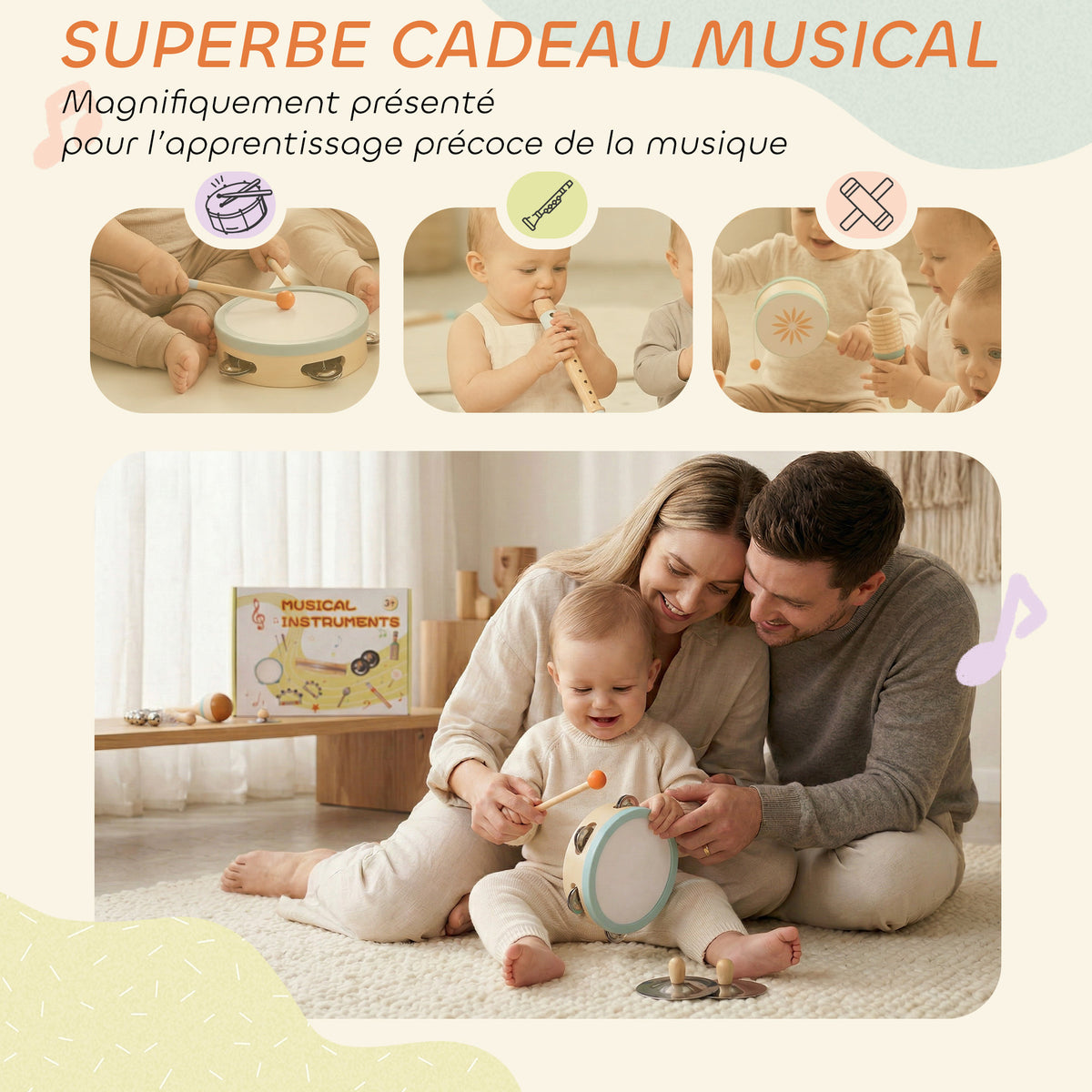 Instruments de Musique pour Enfants, Jouets Musicaux en Bois d'Inspiration avec Tambourin et Maracas pour Enfants 3+ Ans-6