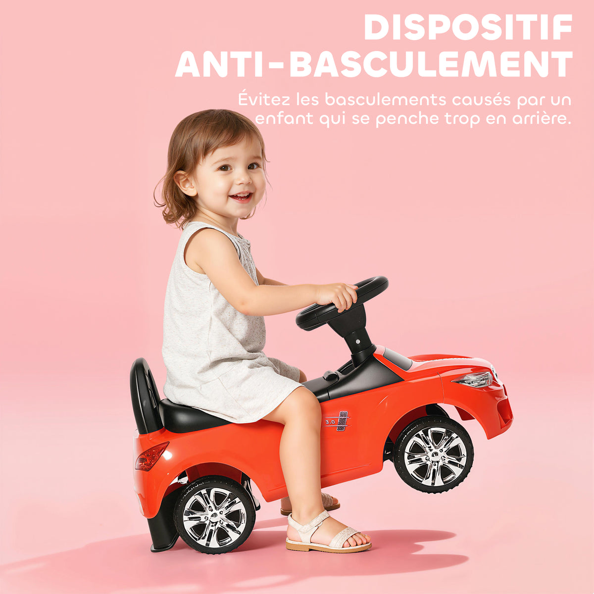 Porteur enfants voiture, véhicule à pousser avec coffre à jouets, klaxon, phares et musique, 63,5 x 28 x 36 cm, rouge-4
