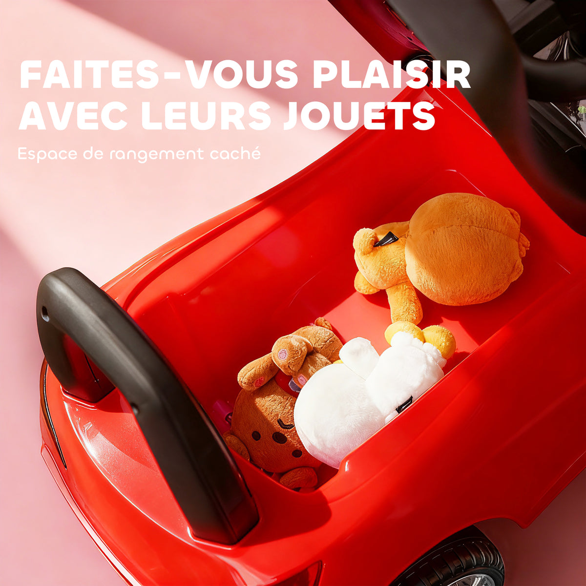 Porteur enfants voiture, véhicule à pousser avec coffre à jouets, klaxon, phares et musique, 63,5 x 28 x 36 cm, rouge-5
