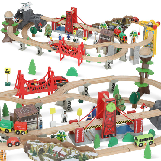 Set de Train en Bois pour Enfants, 100 Pièces, Jouets Ferroviaire Magnétique avec Grue, Pont, Hélicoptère, Multicolore-0