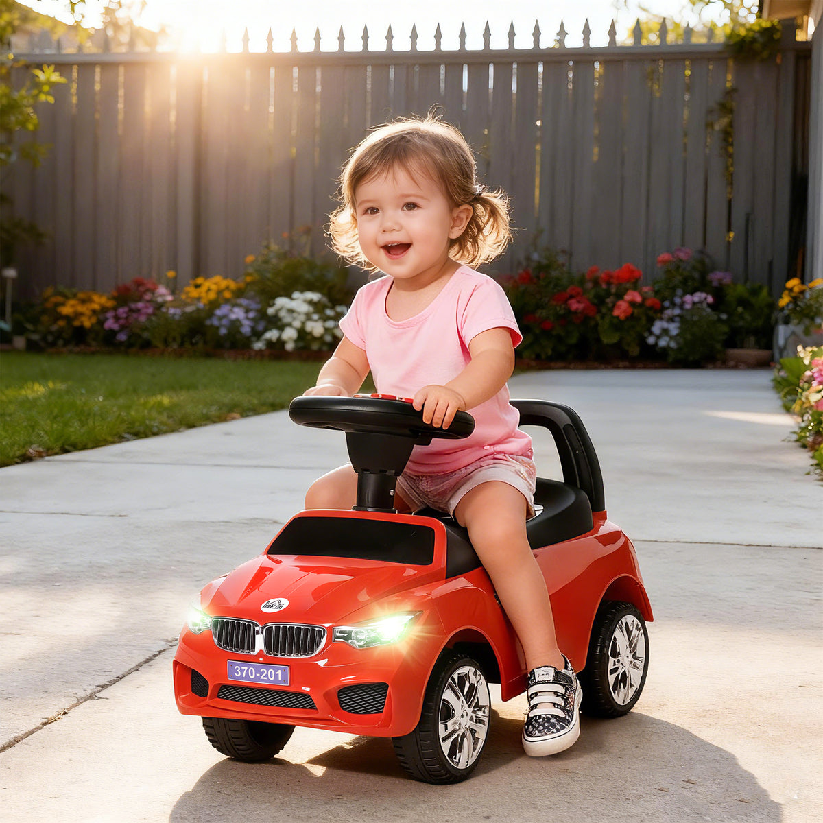 Porteur enfants voiture, véhicule à pousser avec coffre à jouets, klaxon, phares et musique, 63,5 x 28 x 36 cm, rouge-1