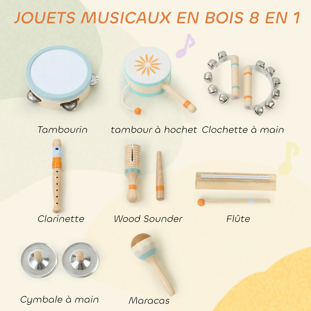 Instruments de Musique pour Enfants, Jouets Musicaux en Bois d'Inspiration avec Tambourin et Maracas pour Enfants 3+ Ans-3