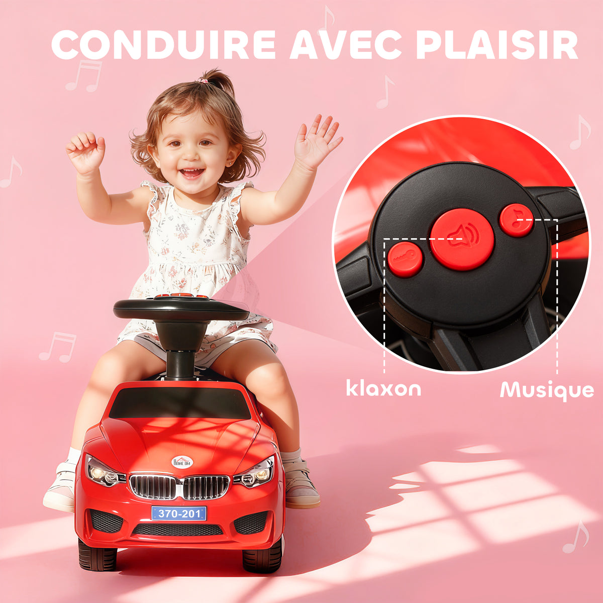 Porteur enfants voiture, véhicule à pousser avec coffre à jouets, klaxon, phares et musique, 63,5 x 28 x 36 cm, rouge-8