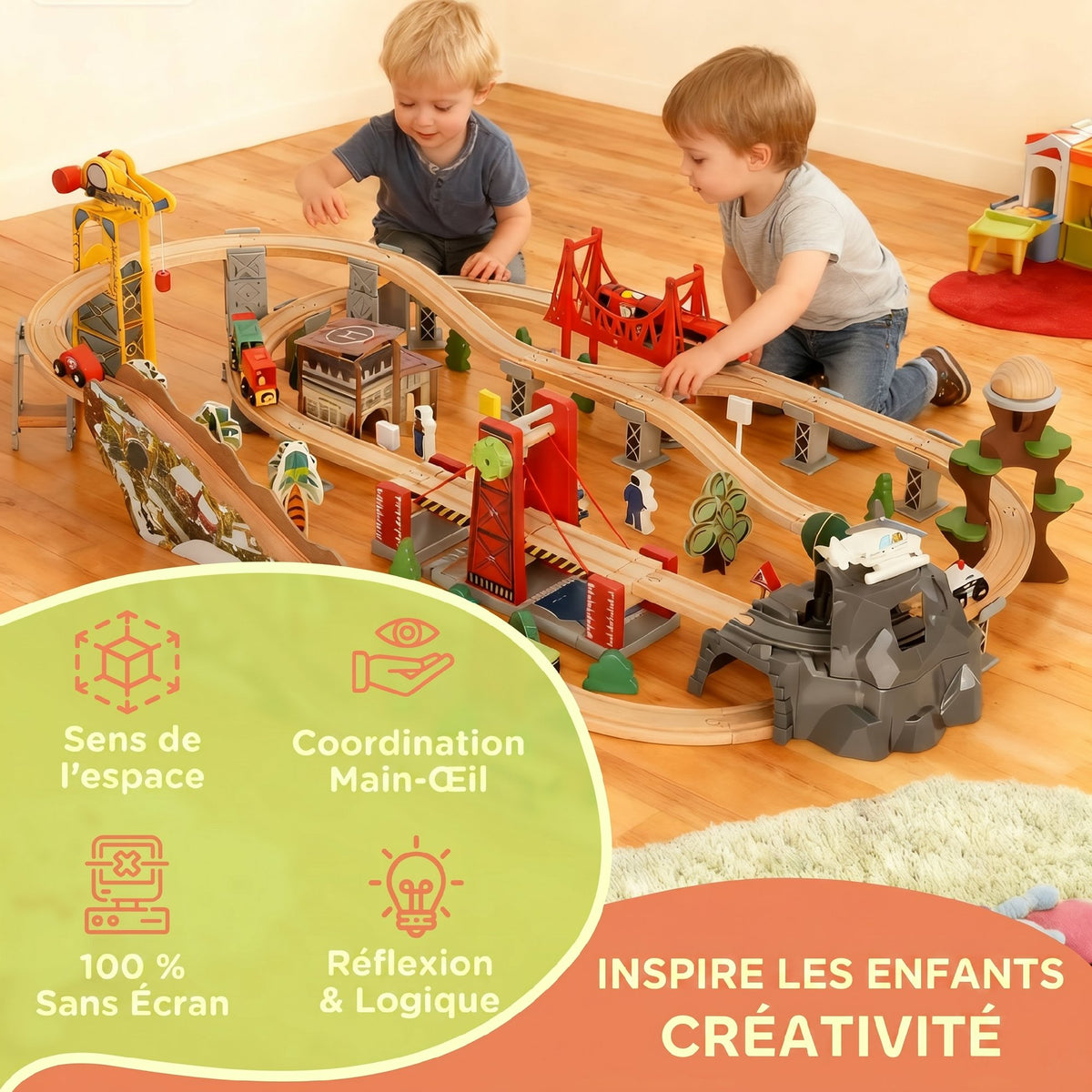 Set de Train en Bois pour Enfants, 100 Pièces, Jouets Ferroviaire Magnétique avec Grue, Pont, Hélicoptère, Multicolore-3