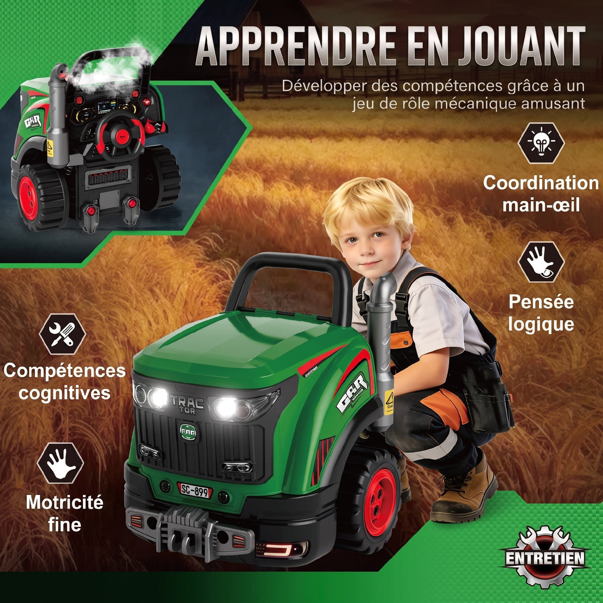 Jouet Moteur de Camion pour Enfants, Camion Mécano, Volant avec Effet de Brume, Sonores et Lumineux pour 3-6 Ans, Vert-6