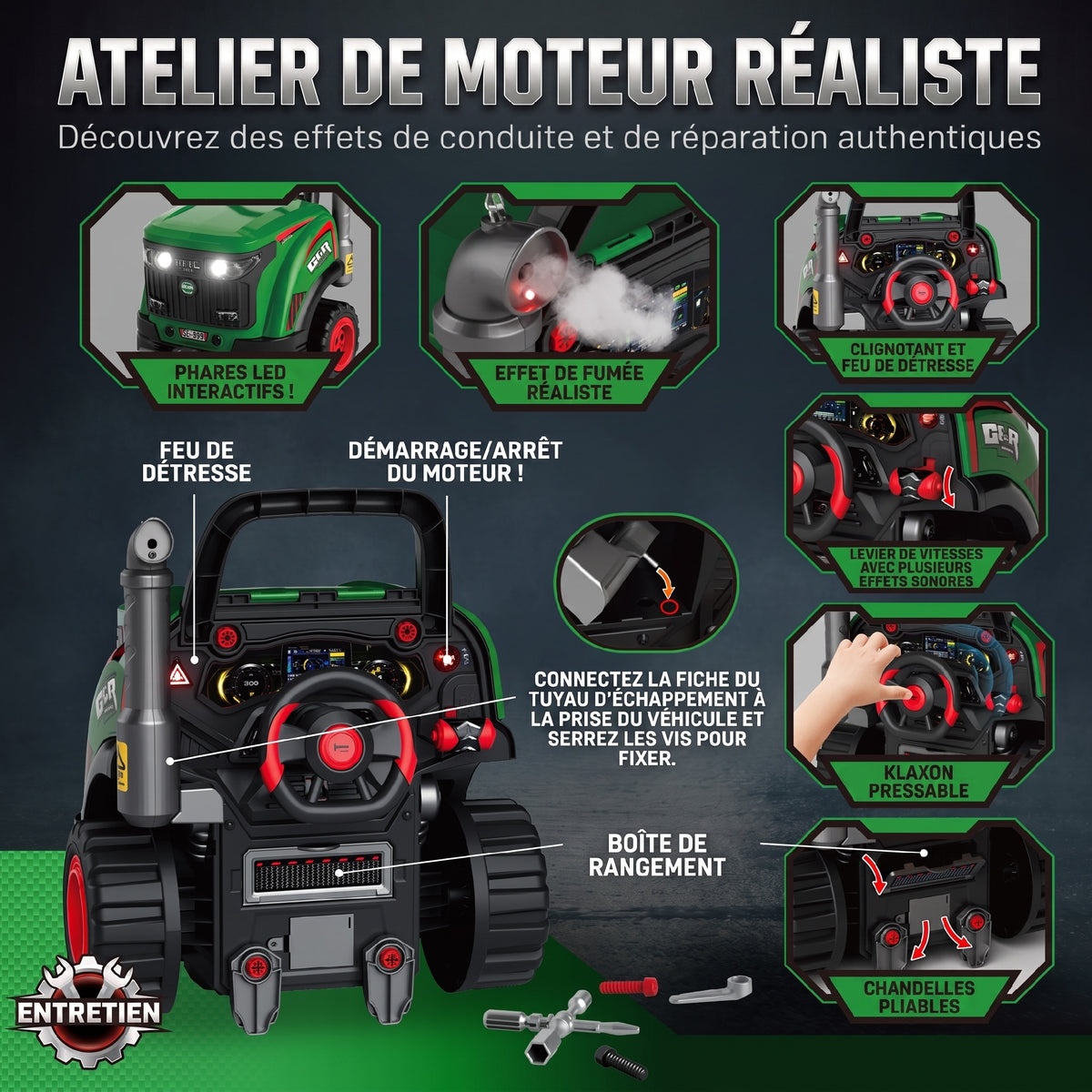 Jouet Moteur de Camion pour Enfants, Camion Mécano, Volant avec Effet de Brume, Sonores et Lumineux pour 3-6 Ans, Vert-4
