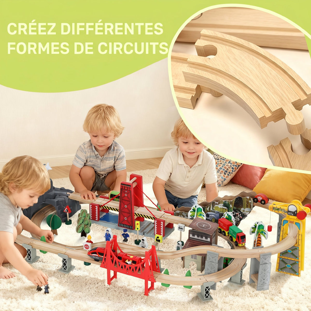 Set de Train en Bois pour Enfants, 100 Pièces, Jouets Ferroviaire Magnétique avec Grue, Pont, Hélicoptère, Multicolore-6