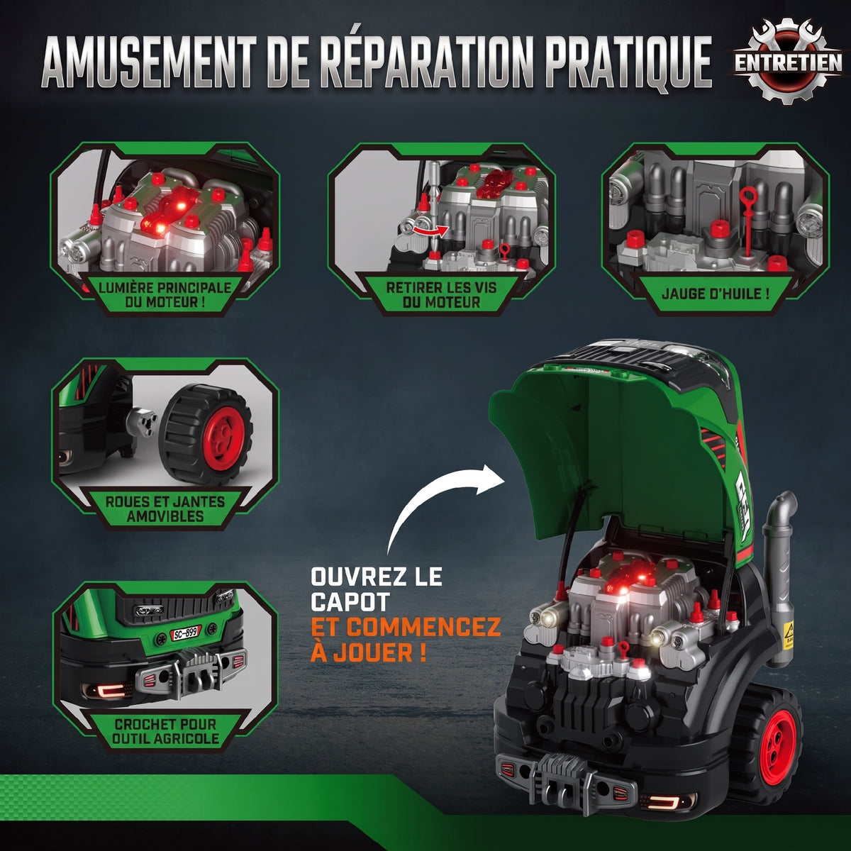 Jouet Moteur de Camion pour Enfants, Camion Mécano, Volant avec Effet de Brume, Sonores et Lumineux pour 3-6 Ans, Vert-3
