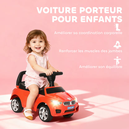 Porteur enfants voiture, véhicule à pousser avec coffre à jouets, klaxon, phares et musique, 63,5 x 28 x 36 cm, rouge-3