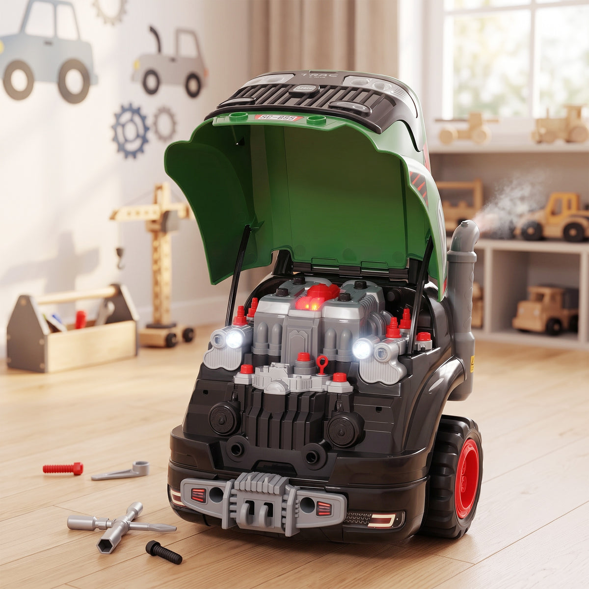 Jouet Moteur de Camion pour Enfants, Camion Mécano, Volant avec Effet de Brume, Sonores et Lumineux pour 3-6 Ans, Vert-1
