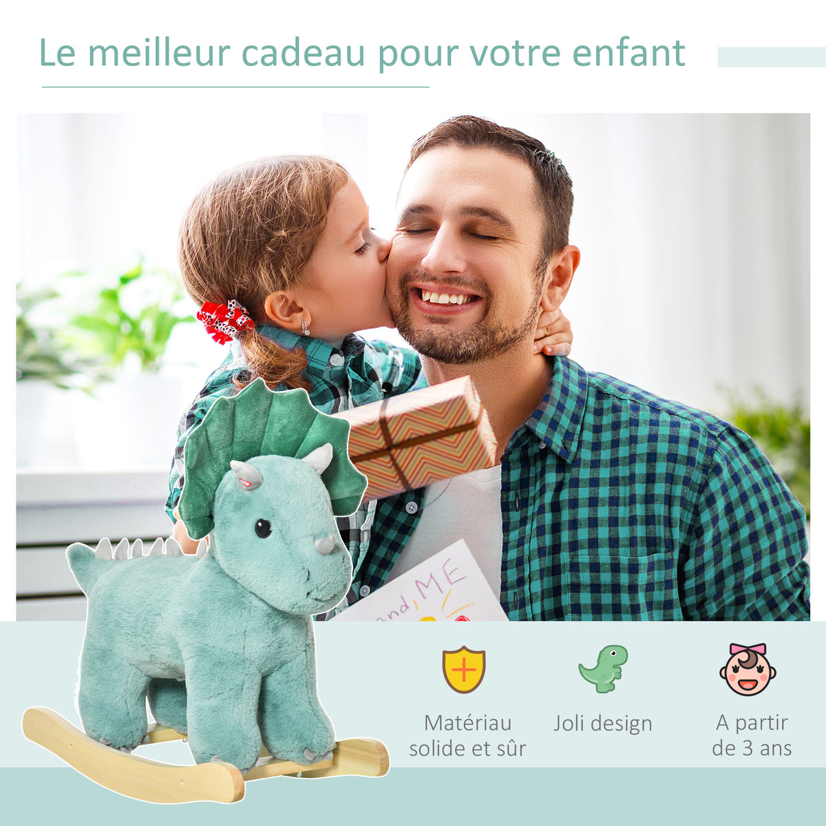 Jouet à Bascule Dinosaure Effet sonore Rugissement Bois peuplier Peluche Courte Polyester Vert d'eau-3