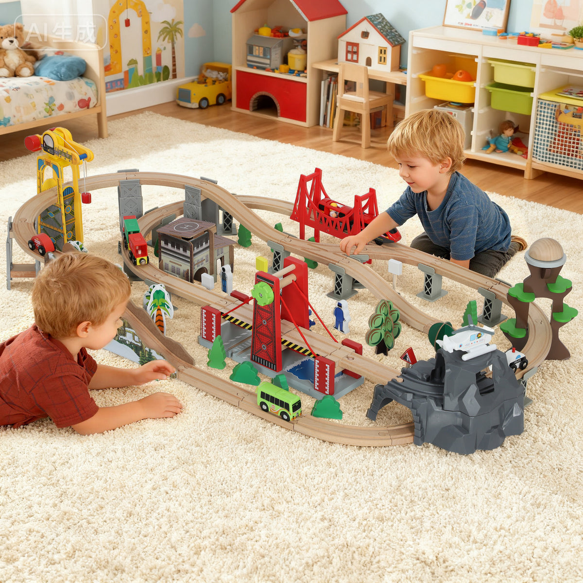 Set de Train en Bois pour Enfants, 100 Pièces, Jouets Ferroviaire Magnétique avec Grue, Pont, Hélicoptère, Multicolore-1