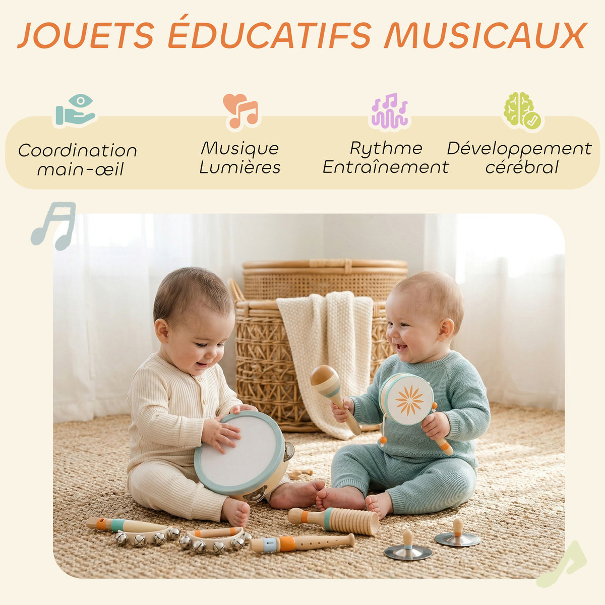Instruments de Musique pour Enfants, Jouets Musicaux en Bois d'Inspiration avec Tambourin et Maracas pour Enfants 3+ Ans-4