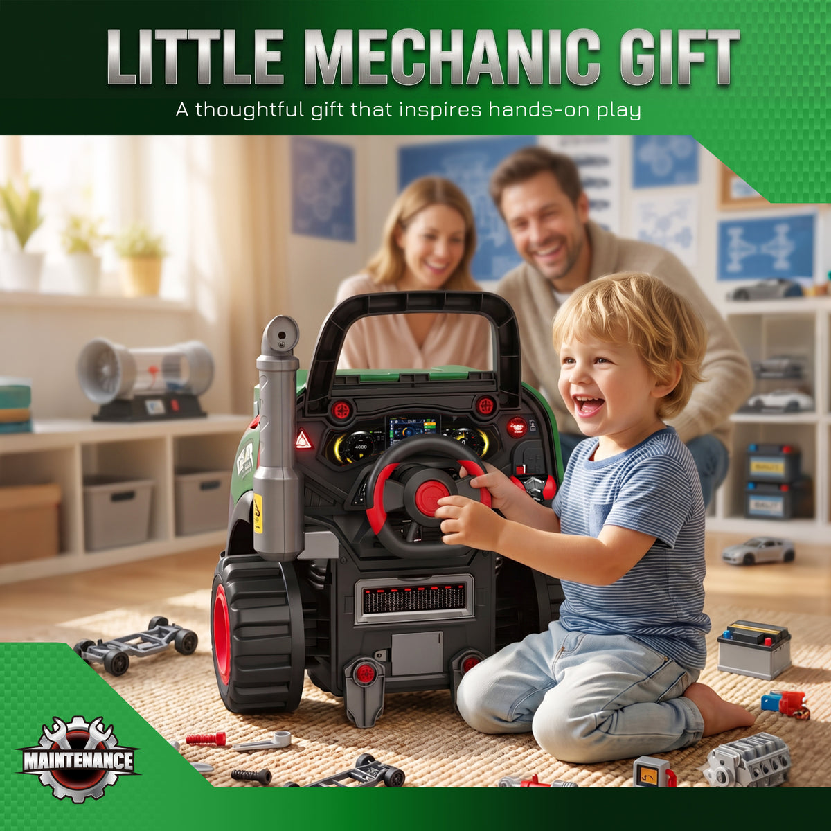 Jouet Moteur de Camion pour Enfants, Camion Mécano, Volant avec Effet de Brume, Sonores et Lumineux pour 3-6 Ans, Vert-8