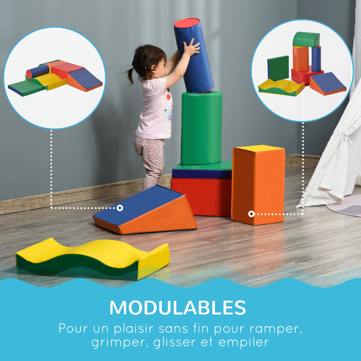 7PCS Module motricité bébé parcours motricité bébé blocs de construction en mousse EPE avec housse en polyuréthane - jouets éducatifs pour enfants d'âge préscolaire, multicolore-4