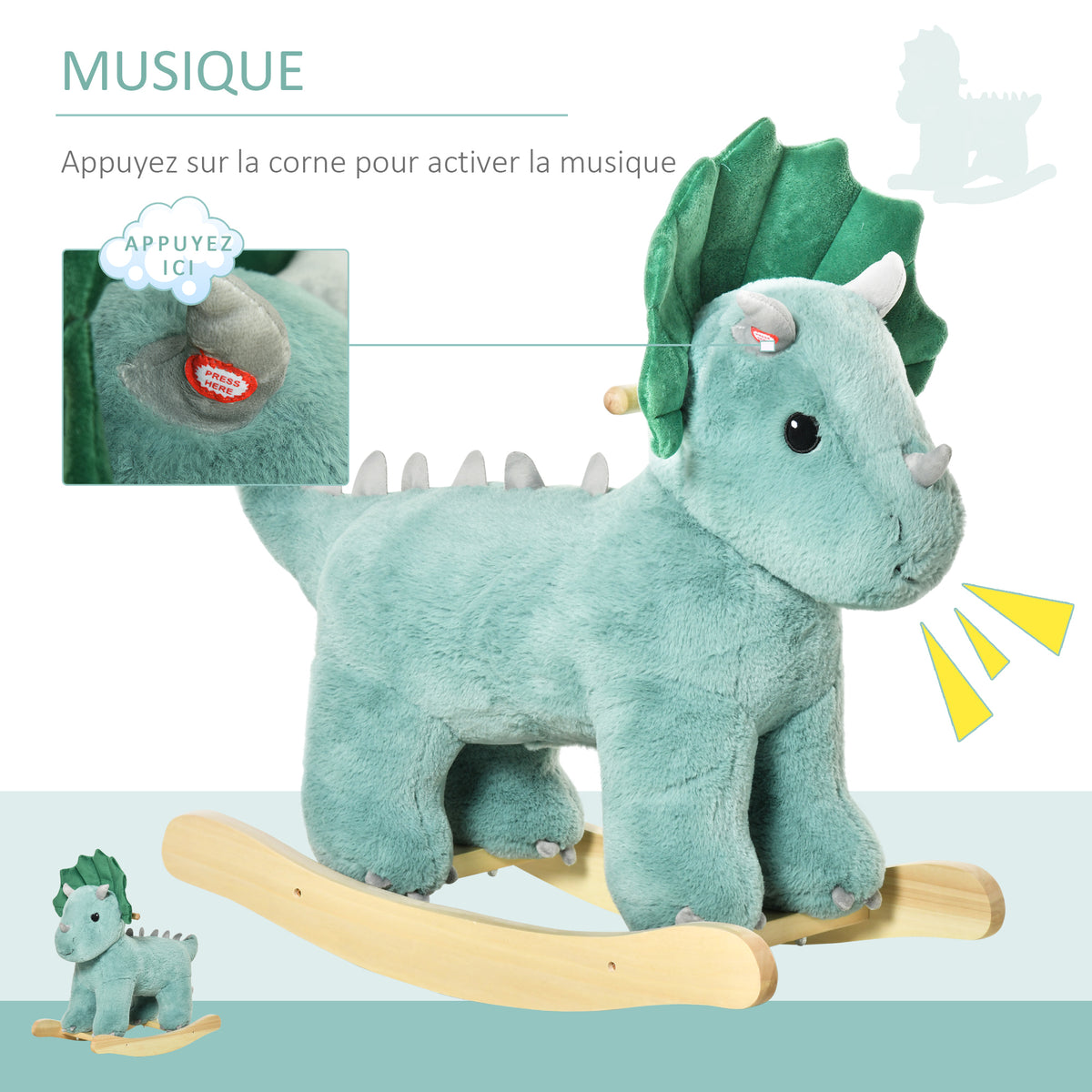 Jouet à Bascule Dinosaure Effet sonore Rugissement Bois peuplier Peluche Courte Polyester Vert d'eau-6
