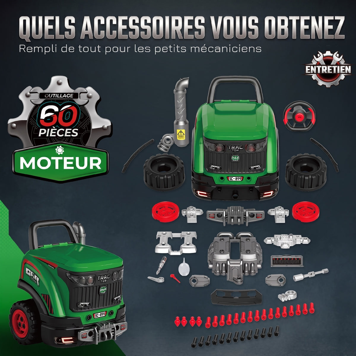 Jouet Moteur de Camion pour Enfants, Camion Mécano, Volant avec Effet de Brume, Sonores et Lumineux pour 3-6 Ans, Vert-5